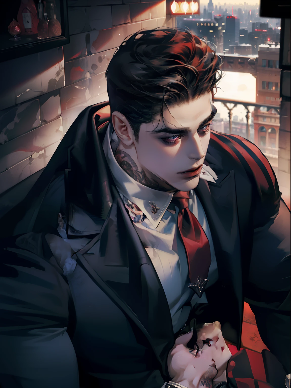 Mafia Noir Casino Gambling Bar Vampire dominant alpha gay couple macho sexy handsome demon adult men with tattoos big chest big abs slicked back hairstyle smoking red eyes charisma goth ((perfect face structure)) detailed stylized ((handsome male couple)) ((men kissing)) ((perfect eyes))