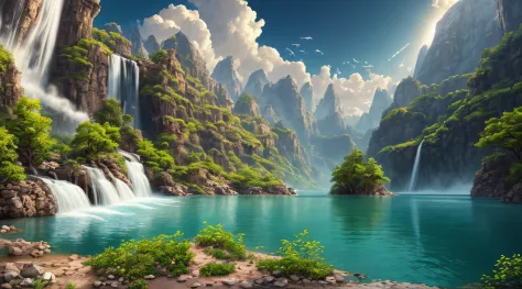 Masterpiece, best quality, high quality, extremely detailed CG unity 8k wallpaper, landscape, outdoor, sky, clouds, sky, no humans, mountain, landscape, water, tree, blue sky, waterfall, cliff, nature, lake, river , cloudy skies, award winning photography,...