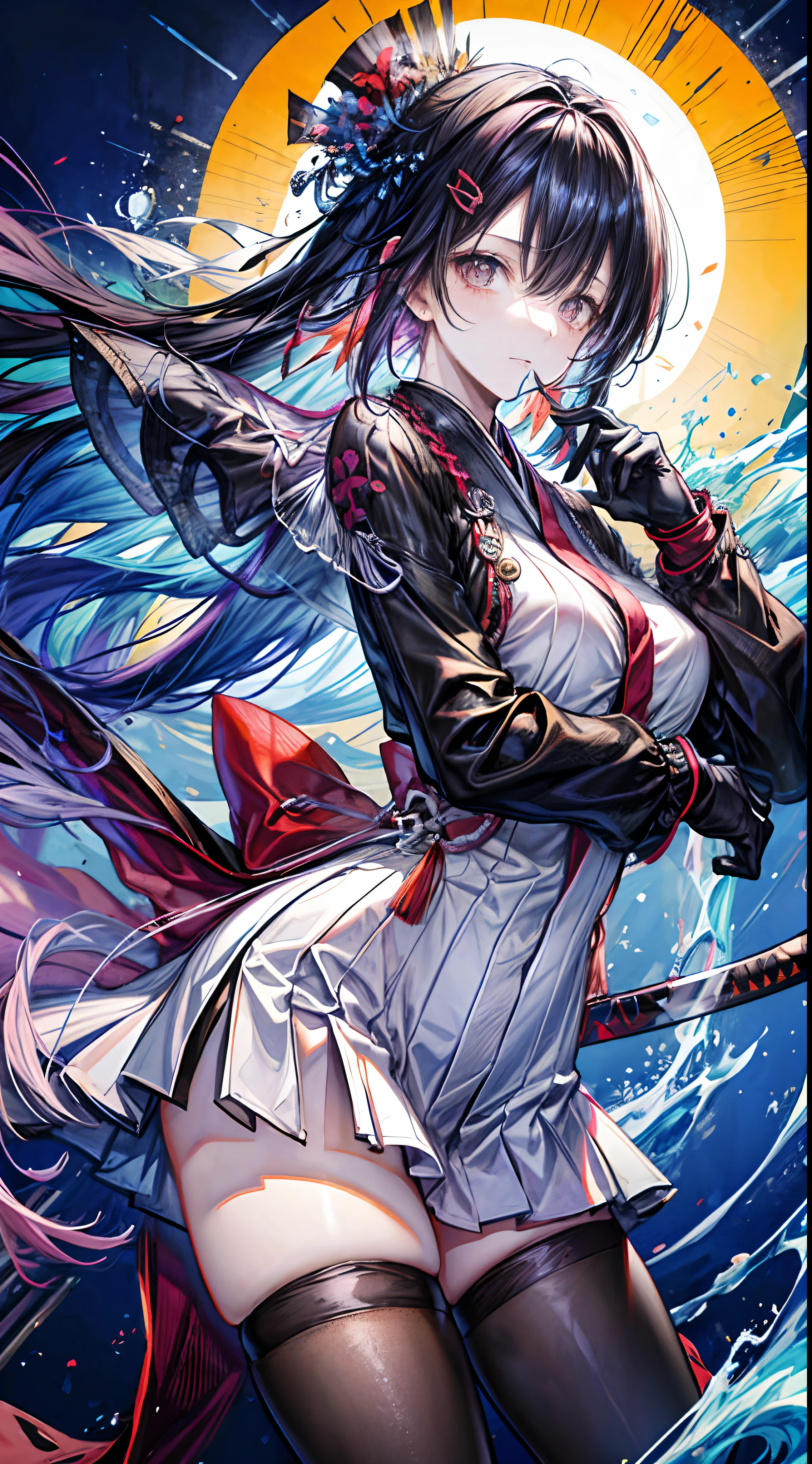 Colorful, Best Quality, masutepiece, hight resolution, Original, highly detailed wallpaper,1girl in, Bangs, Black_hair, breasts, Closed_Mouth, gloves, hair_ornament detached, Holding a Japan sword in his right hand, katanas, long_hair, long_sleeves, up looking_で_viewer, Multicolored_hair,  scabbard, Solo, unsheathing, The upper part of the body_Body, ,Perfect_Hands,Honggui