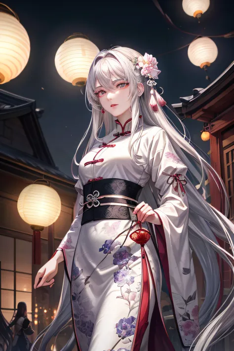 Masterpiece, Best quality, Night, full moon, 1 girl, Mature woman, Chinese style, Ancient China, Sisters, , Grim expression, Faceless, Silver white long haired woman, Light pink lips, calm, Intellectual, tribelt, Gray pupils, assassins, Flower lanterns, ho...