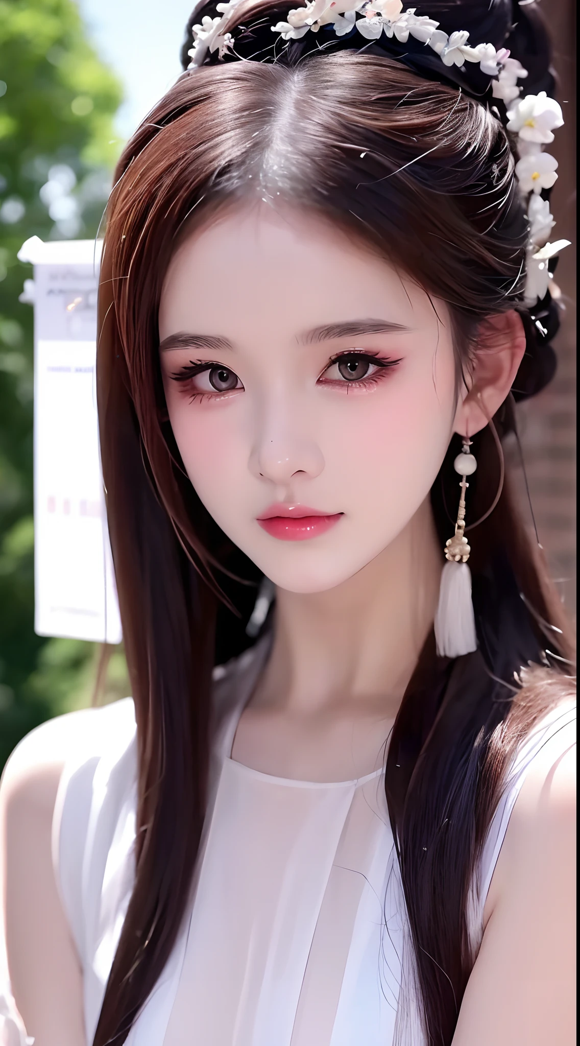 1 真实美丽的女孩, 腰长发, 黑眼睛, 古代奥黛, Style Hanfu, 穿着中国古代的薄丝衫, 粉嫩光滑的白皙肌肤, 穿着朴素的古代风格的奥黛, 照片中出现肩膀和头部, 好可爱的小脸, 湿润细致化妆后的眼袋, 丰满红唇, 迷人小弯唇, ((闭嘴:1.0)), 平衡的门牙, 尴尬的, 小脸妆容细致，非常漂亮, 乳房超级圆润紧实, 隆胸, 布卢姆 , 里面穿一件吊带背心遮住女孩的胸部, 脸红, 从正面, 戴耳环, 项链, 从上面, 看着观众, 上翻的眼睛, 全身, 杰作, 顶级品质, 最好的质量, 官方艺术, 团结 8k 壁纸, 高分辨率, 超高分辨率, 极其详细, (真实感:1.2), 独自的, 独自的, 仅 1 名女孩, Style Hanfu Dunhuang, 10x 像素, 超现实, 超高品质, 女孩的肖像身体视图, 上半身,
