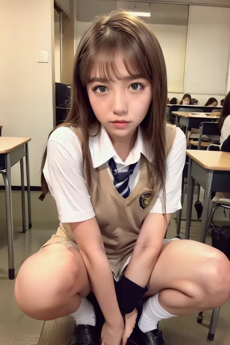 15 year old woman、Wheat-toned skin、Female sexy、School uniform、Inside the classroom、half-squat