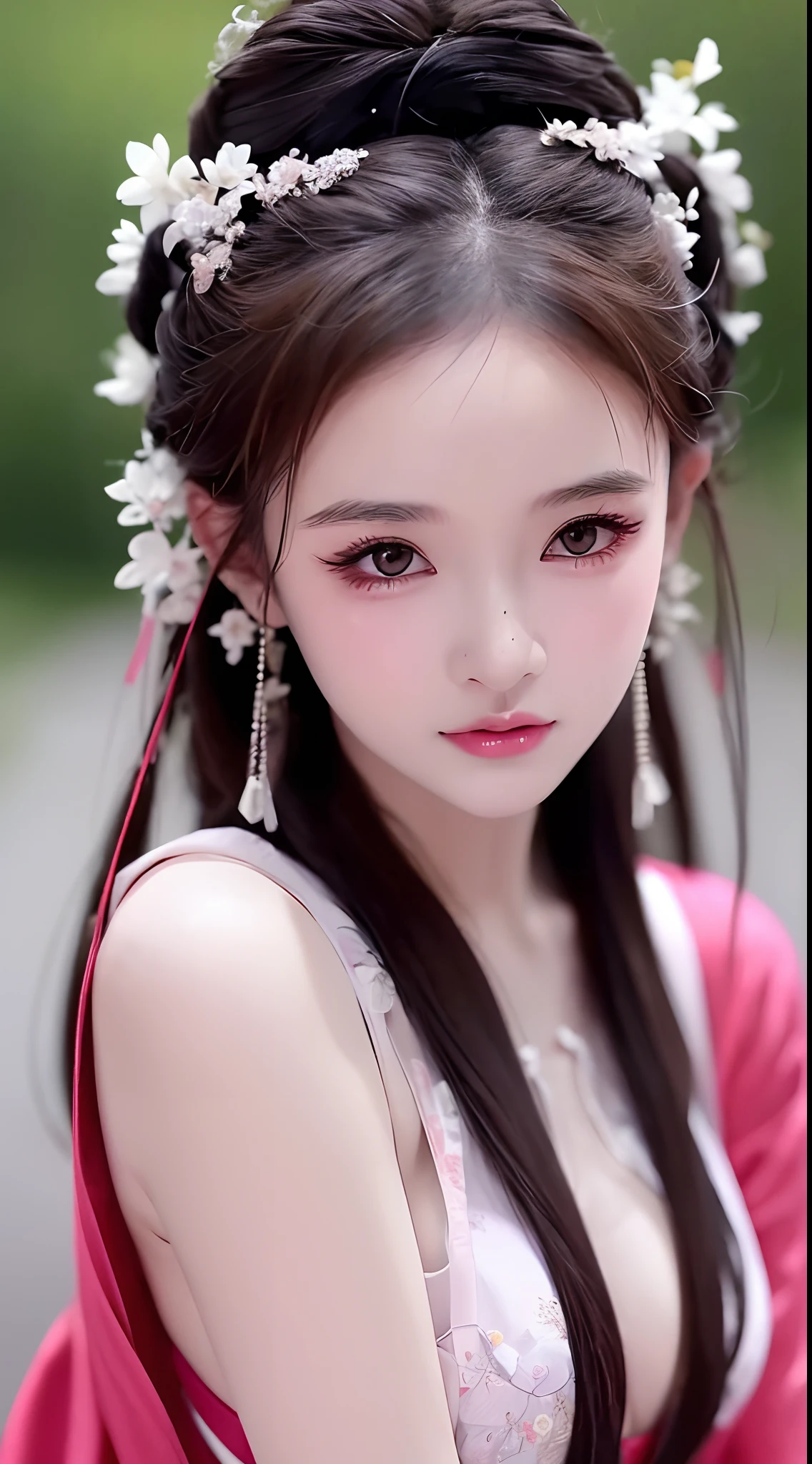 1 真實美麗的女孩, 及腰長髮, 黑眼睛, 古奧黛, Style Hanfu, 穿著中國古代的薄絲綢襯衫, 粉嫩白嫩的皮膚, 穿著低調的古代風格長蠄, 照片中出現肩膀和頭部, 非常可愛的小臉, 濕細緻妝下的眼袋, 豐滿的紅唇, 迷人的小而彎曲的嘴唇, ((閉著嘴:1.0)), 平衡門牙, 尷尬的, 小臉妝容細緻又非常漂亮, 胸部超圓又緊, 隆胸, 布魯姆 , 用吊帶背心遮住女孩的胸部, 臉紅, 從前面, 戴耳環, 项链, 從上方, 看著觀眾, 上翻的眼睛, 全身, 傑作, 頂級品質, 最好的品質, 官方藝術, 統一8k壁紙, 高解析度, 超高解析度, 超詳細, (逼真的:1.2), 獨自的, 獨自的, 只有1個女孩, Style Hanfu Dunhuang, 10x 像素, 超级逼真, 超高品質, 女孩的肖像身體視圖, 上半身,