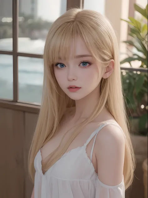 The most beautiful blonde hair in the world、Beautiful bangs、Super long straight hair、Crystal clear marine blue eyes like jewels、...