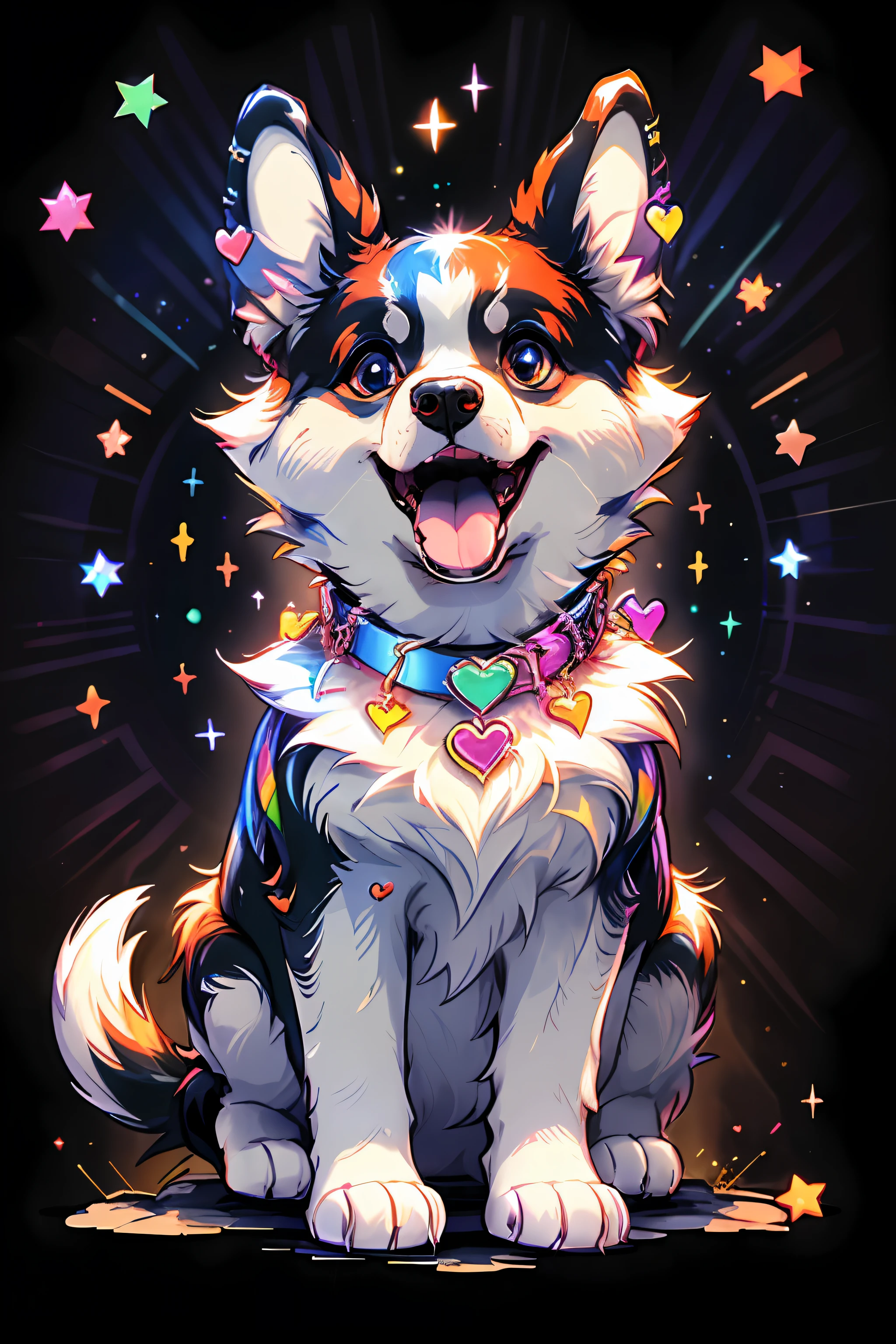 Niji Pride, solo, smile, open mouth, tail, heart, tongue, tongue out, star (symbol), collar, no humans, sparkle, fangs, looking up, dog, animal focus, sparkling eyes, fluffy