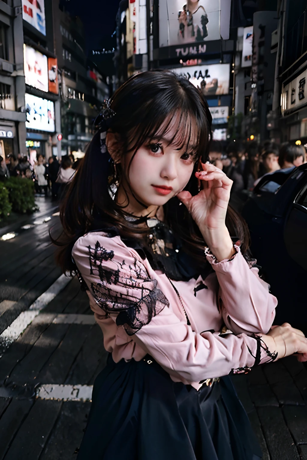 best quality, masterpiece, ultra high res, 8K, raw, (photo realistic:1.4), sharp focus, 1 girl, (detailed background:1.5), (tokyo street:1.3)