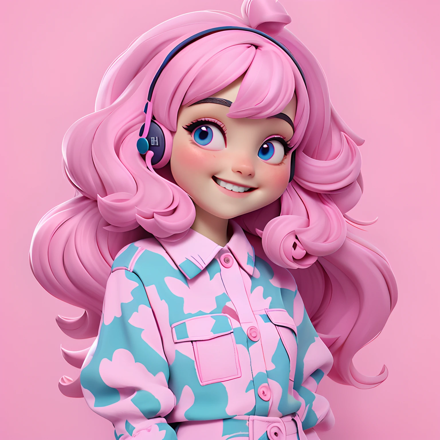 uma loli menina, lacing, cabelo creme, medium hair, franja, camisa branca, meio corpo, headphone branco, sorriso leve, without glasses. The background is filled with a pastel pink hue evoking a sense of lightness and happiness.