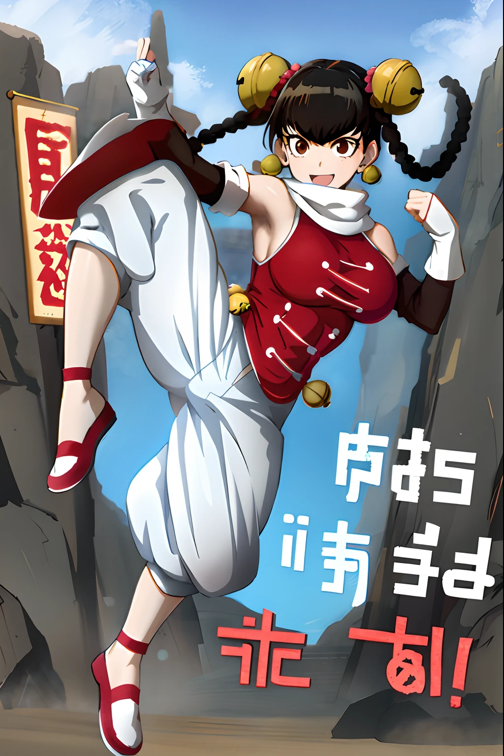 Anime poster of a woman in a red and white outfit kicking a ball - SeaArt AI