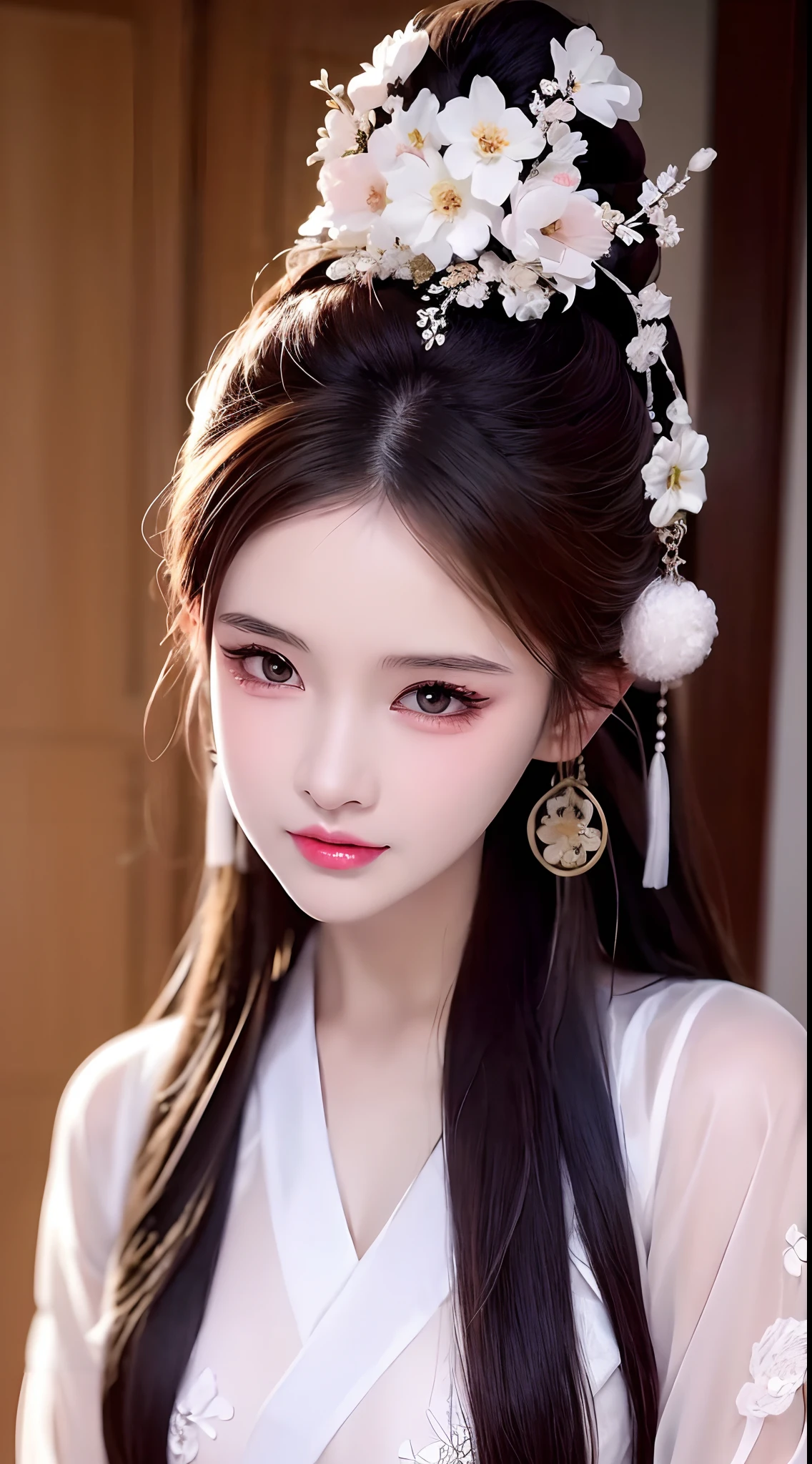 1 fille d&#39;une beauté réaliste, cheveux jusqu&#39;à la taille, yeux noirs, ancient Ao Dai, style hanfu, portant une fine chemise en soie de la Chine ancienne, peau rose et blanche et lisse, porter un style ancien discret ao dai, Apparaît les épaules et la tête sur la photo, petit visage très mignon, poches sous les yeux sous un maquillage humide et détaillé, lèvres rouges charnues, charmantes lèvres petites et courbées, ((bouche fermée:1.0)), incisives équilibrées, gêné, petit maquillage du visage détaillé et très beau, Les seins sont super ronds et serrés, augmentation mammaire, blum , Couvrez la poitrine de la fille avec une camisole à l&#39;intérieur, Rougir, de face, Porter des boucles d&#39;oreilles, colliers, D&#39;en haut, regarder le spectateur, les yeux levés, Tout le corps, chef-d&#39;œuvre, Qualité supérieure, meilleure qualité, art officiel, unité 8k fond d&#39;écran, haute résolution, ultra haute résolution, ultra détaillé, (photoréaliste:1.2), seul, seulement, seulement 1 fille, style hanfu Dunhuang, 10x pixels, super réaliste, Ultra haute qualité, vue du corps portrait de la jeune fille, haut du corps,