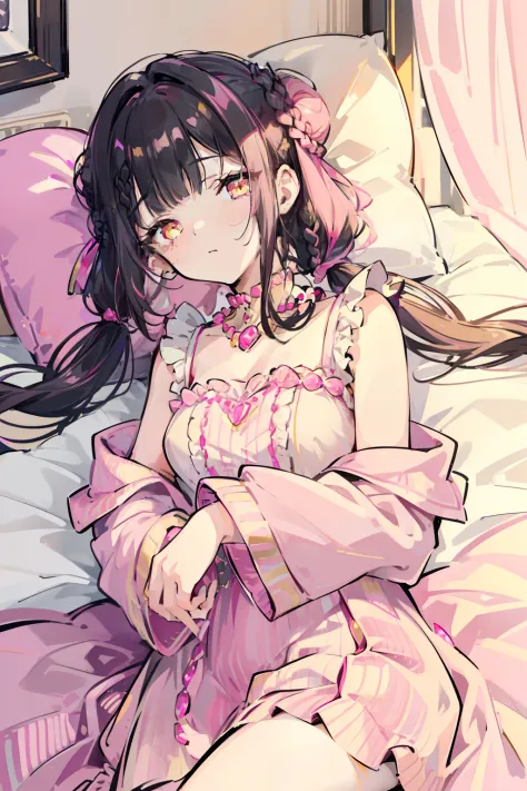 masterpiece, best quality, 1girl, solo, black hair, blunt bangs, (braided buns), ((short twintails)), yellow eyes, ((sleeping cu...