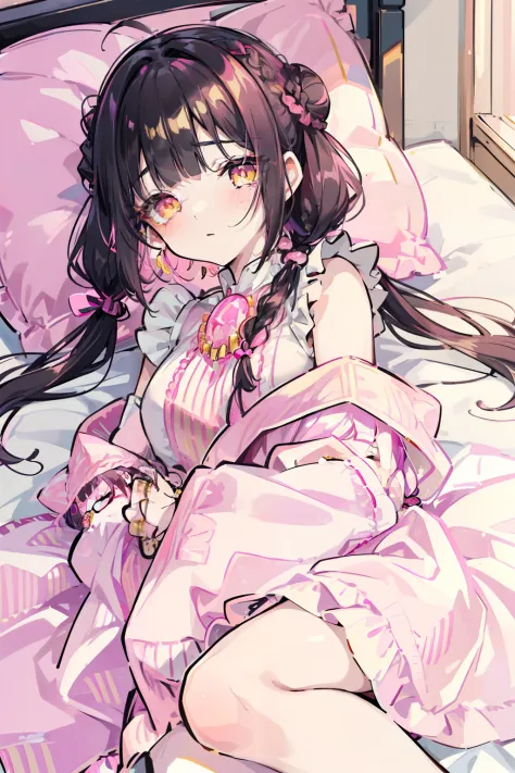 masterpiece, best quality, 1girl, solo, black hair, blunt bangs, (braided buns), ((short twintails)), yellow eyes, ((sleeping cu...