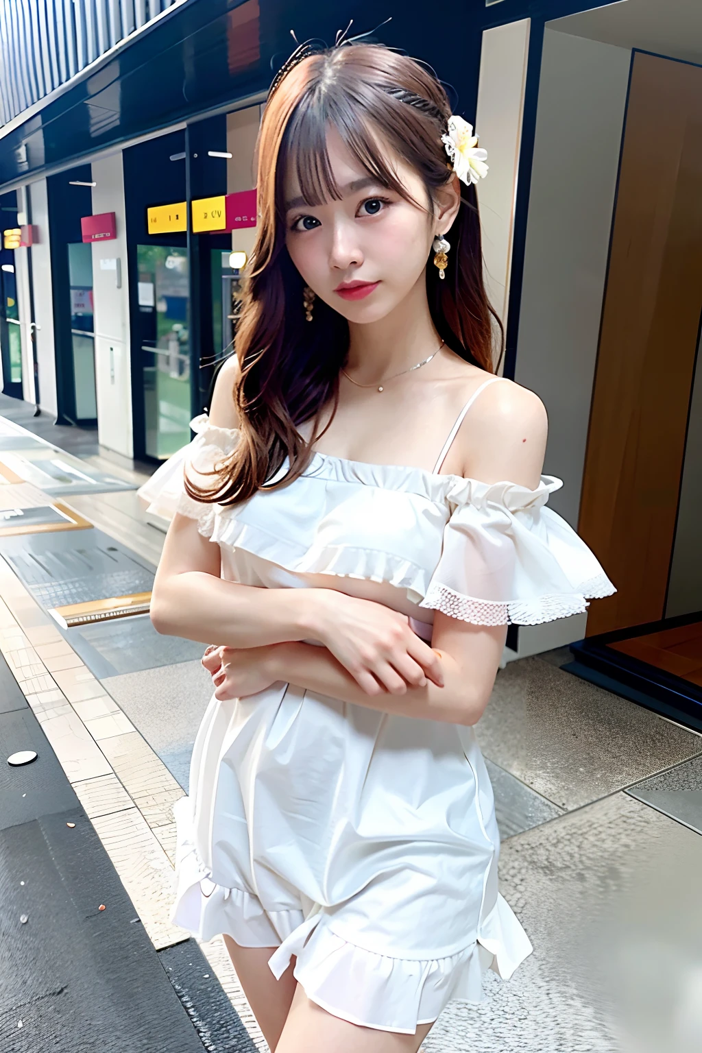 Araffe femme asiatique en robe blanche debout dans la rue - SeaArt AI