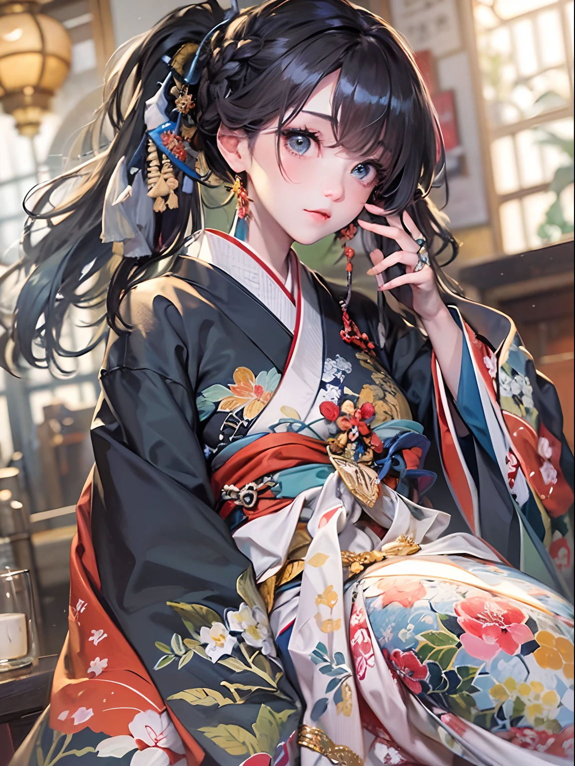 (8K、top-quality、​masterpiece)、Romance of the Taisho era、japanese kimono、Beautiful adult woman、Graceful、Writer's research,((hyper gigantic breasts)),Pensive、boredom、Sentimental、suffocating、Enlightened look、Blurred world、illusion、long-haired with black hair、Ahoge、braid ponytail、