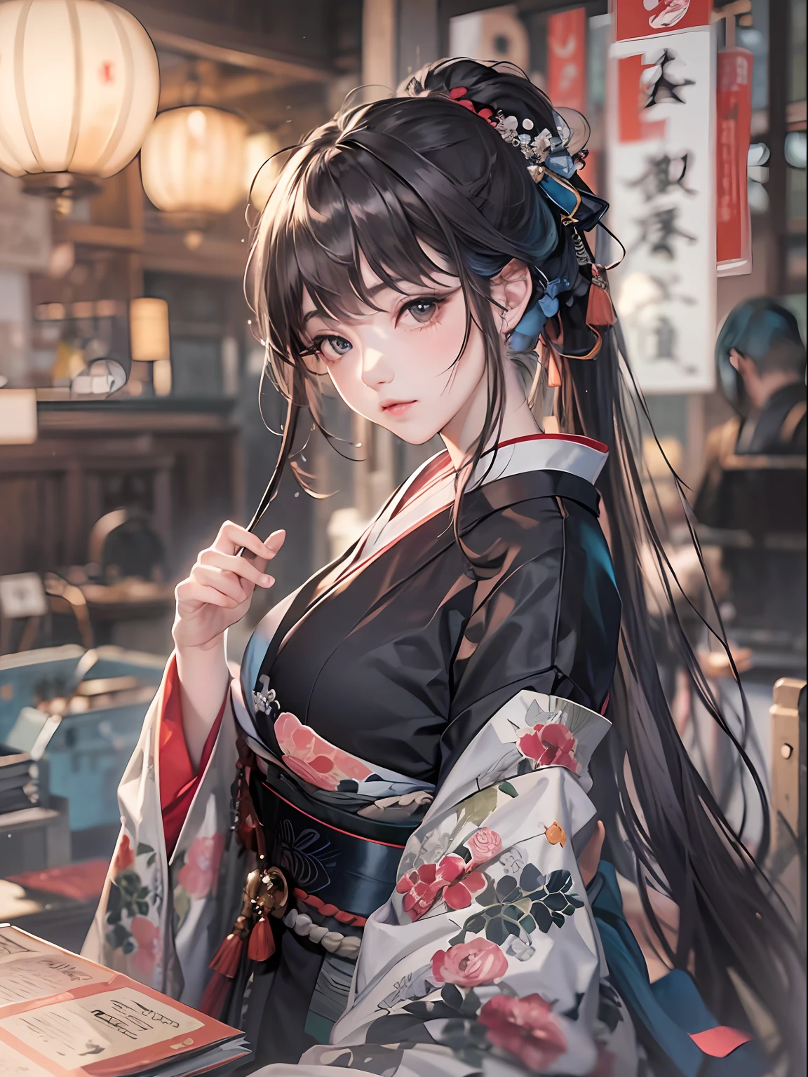 (8K、top-quality、​masterpiece)、Romance of the Taisho era、japanese kimono、Beautiful adult woman、Graceful、Writer's research,((hyper gigantic breasts)),Pensive、boredom、Sentimental、suffocating、Enlightened look、Blurred world、illusion、long-haired with black hair、Ahoge、braid ponytail、