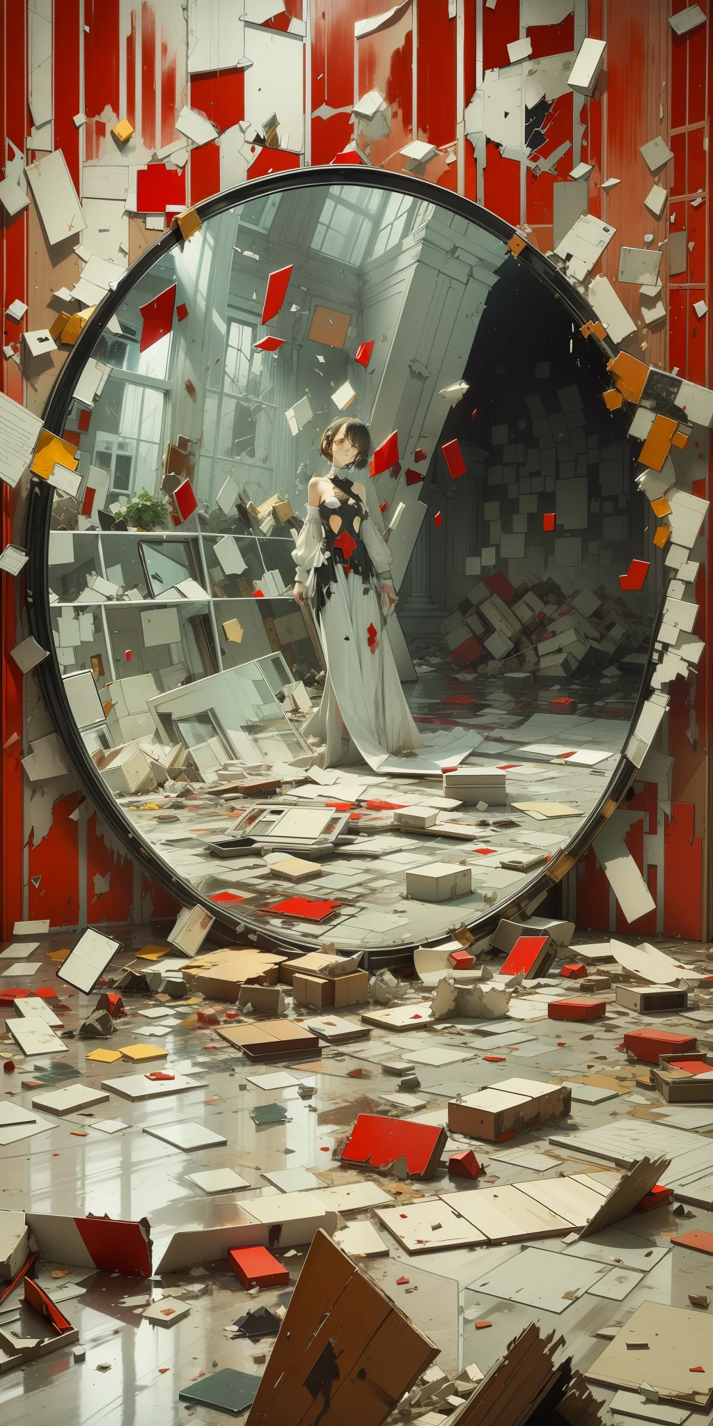 Broken mirror，mirrored image，figure，Red and white，Artistic sense，conflict，disrupt，A picture of debris，Large and small fragments，separate