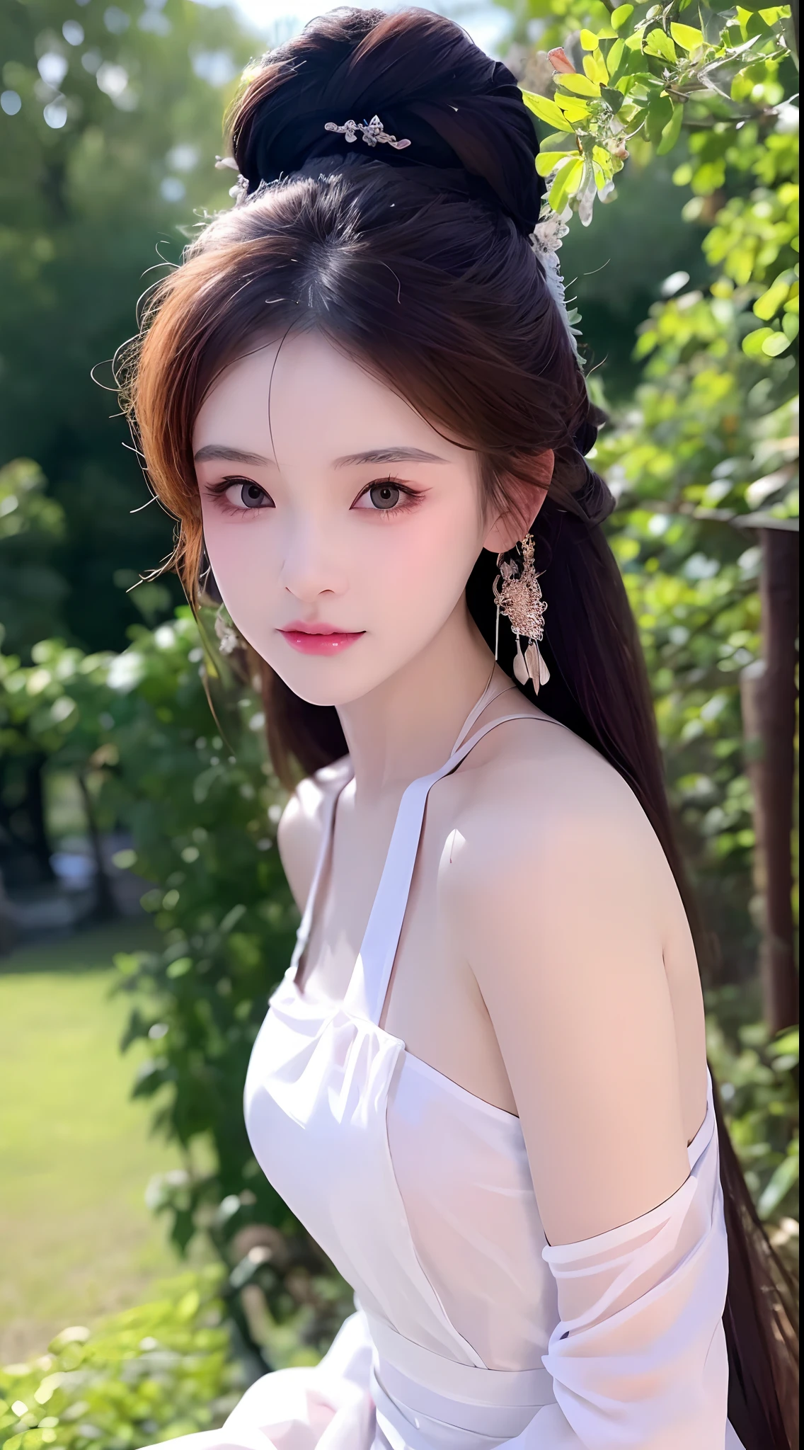 1 realistically beautiful girl, waist length hair, black eyes, ancient Ao Dai, style hanfu, wearing a thin silk shirt of ancient China, pink and smooth white skin, wearing a discreet ancient style ao dai, appears shoulders and head in the photo, Very cute little face, eye bags under wet and detailed makeup, plump red lips, charming small and curved lips, ((closed mouth:1.0)), balanced incisors, embarrassed, small face makeup detailed and very beautifull, The breasts are super round and tight, breast augmentation, blum boobs, Cover the girl's chest with a camisole inside, blush, from front, wear earrings, necklaces, from above, looking at viewer, upturned eyes, full body, masterpiece, top quality, best quality, official art, unity 8k wallpaper, highres, ultra high res, ultra detailed, (photorealistic:1.2), alone, solo, only 1 girl, style hanfu Dunhuang, 10x pixels, super realistic, ultra high quality, portrait body view of the girl, upper body,