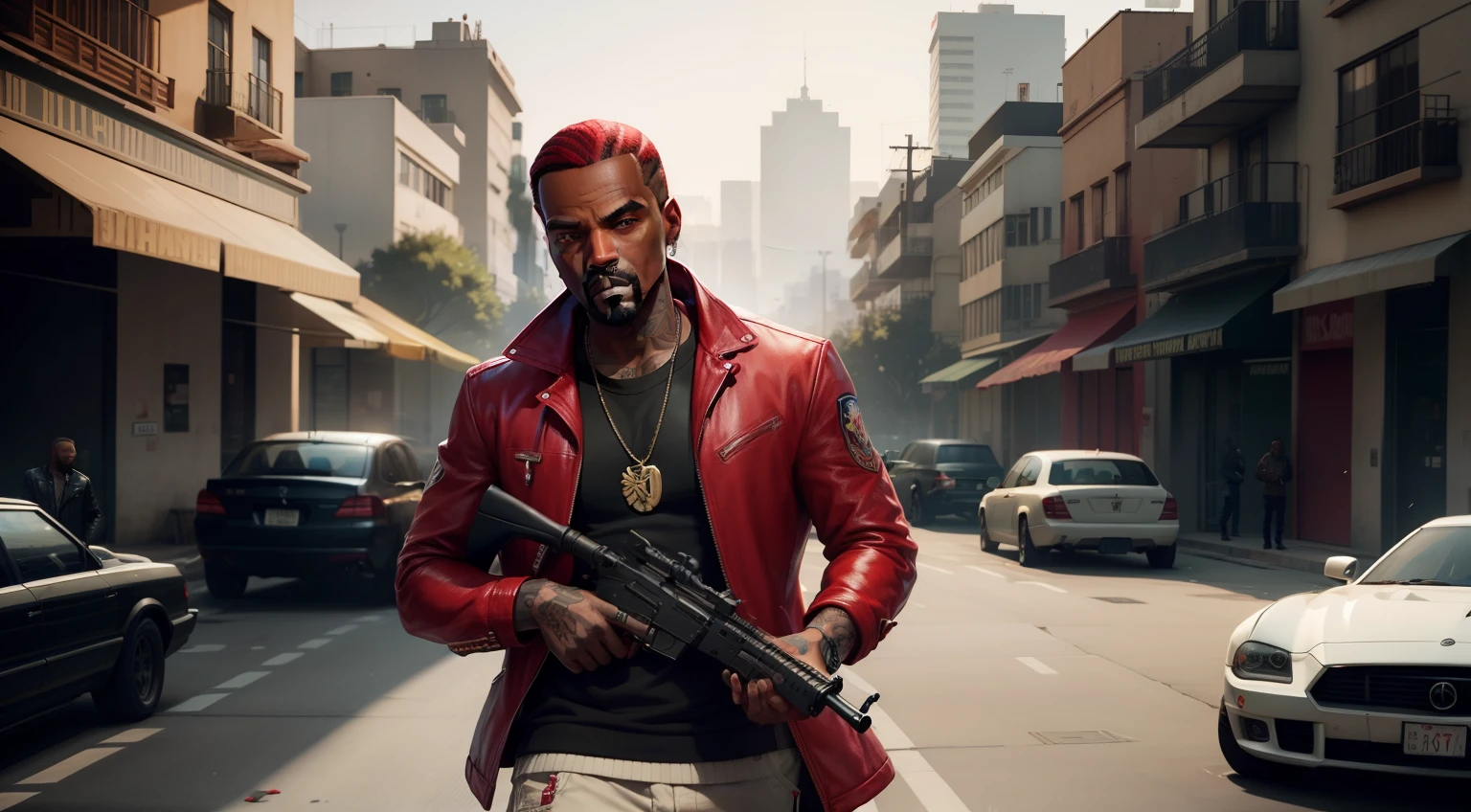 Araffe in a red jacket holding a gun on a city street - SeaArt AI