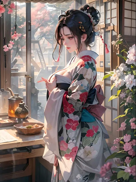 (8K、top-quality、​masterpiece)、Romance of the Taisho era、japanese kimono、Beautiful adult woman、Graceful、Writer's research,((hyper gigantic breasts:1.5)),Pensive、boredom、Sentimental、suffocating、Enlightened look、Blurred world、illusion、long-haired with black h...
