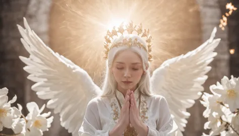 Angel is praying、Eyes closed、Hands together、Second Coming to Heaven, Face like the midday sun, diadems, Tunic and golden breastplate, snow-white hair, Surrounded by white flowers、Light pours in from overhead、dark backgrounds、Eye as a flame of fire, Refined...