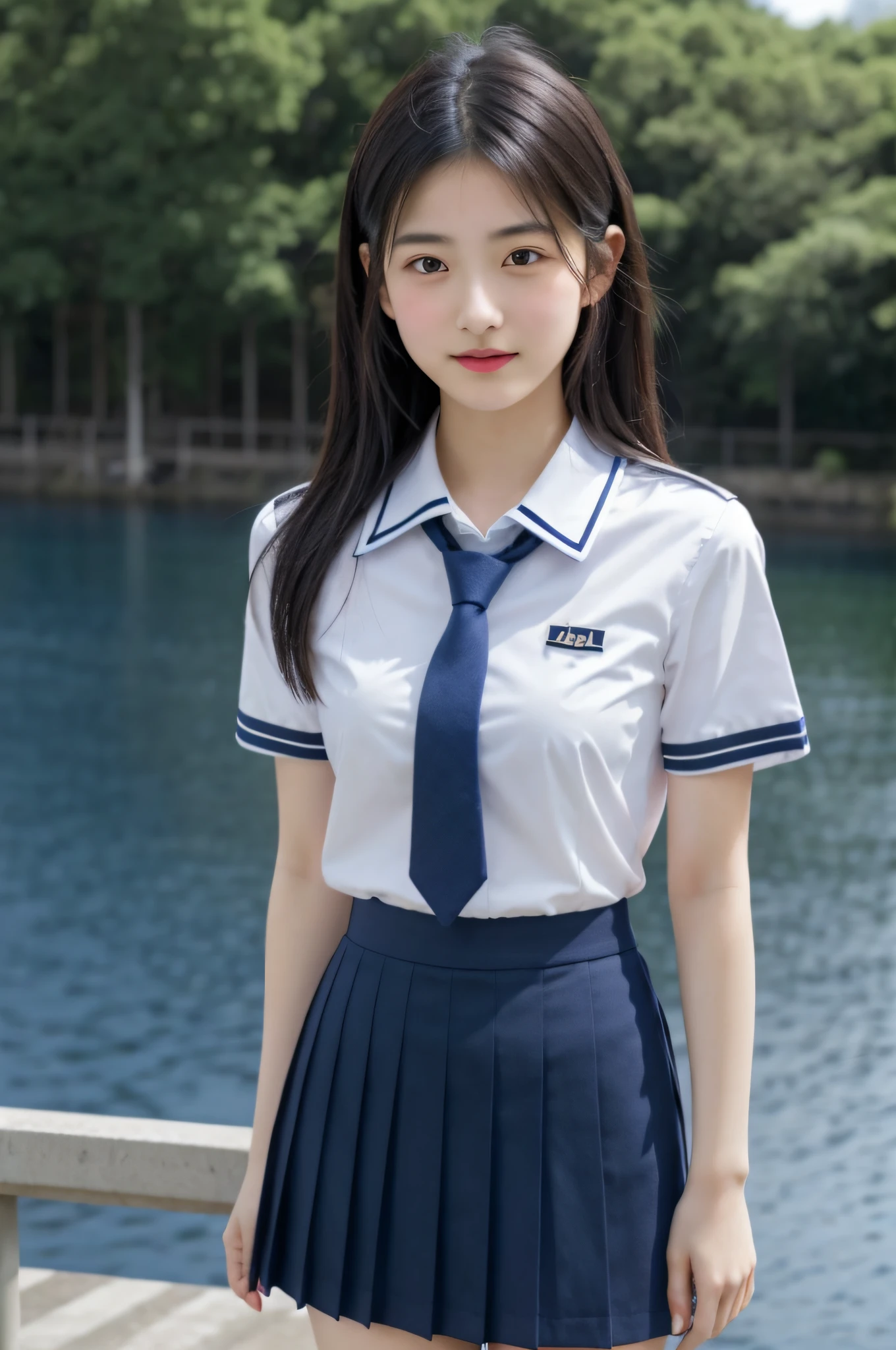 Japan girl, teenage girl, perfect figure, transparency, modest breasts, , navy blue tie, navy blue skirt, light blue shirt, gravure idol, waterside