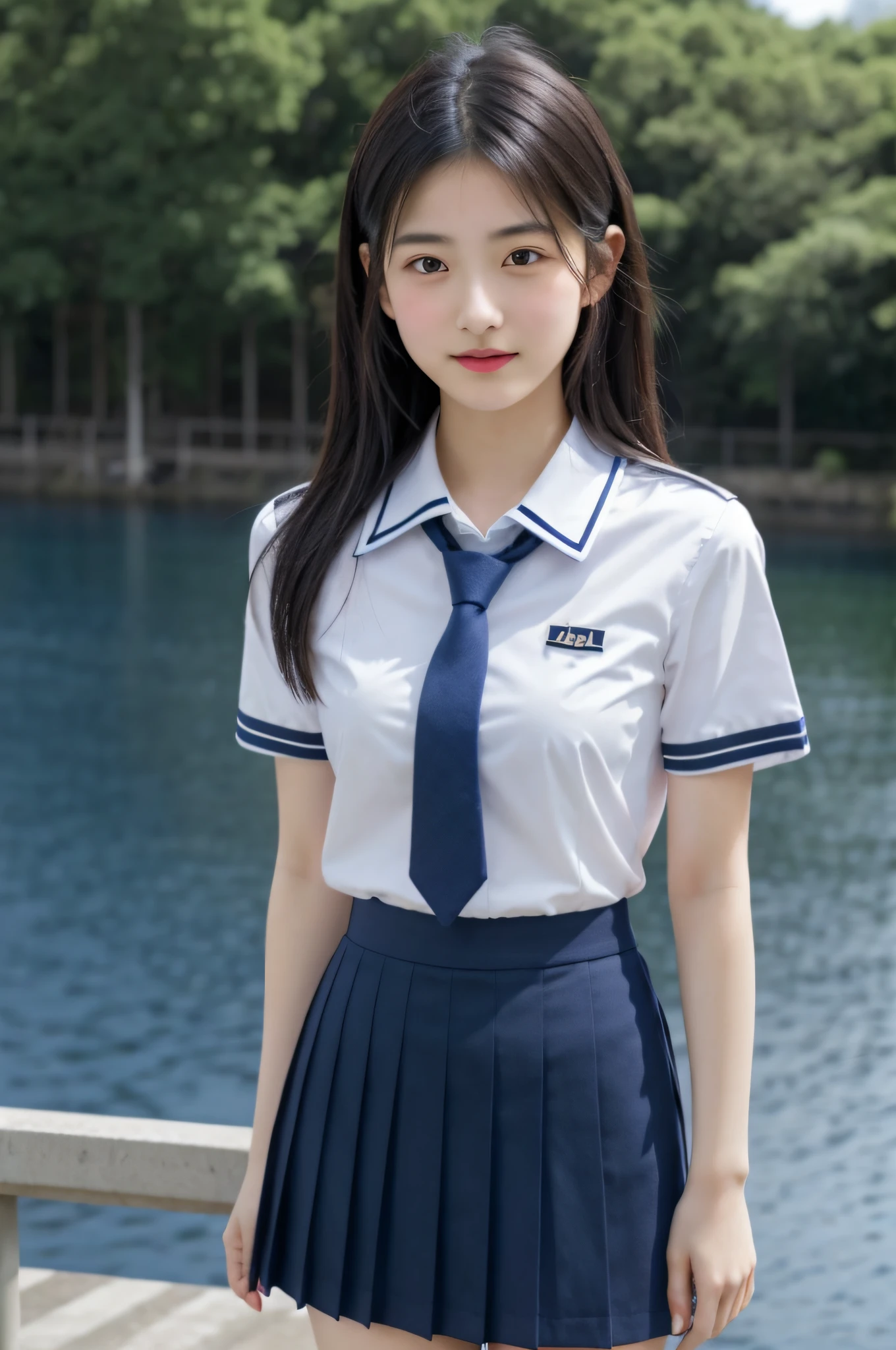 Japan girl, teenage girl, perfect figure, transparency, modest breasts, school uniform, navy blue tie, navy blue skirt, light blue shirt, gravure idol, waterside