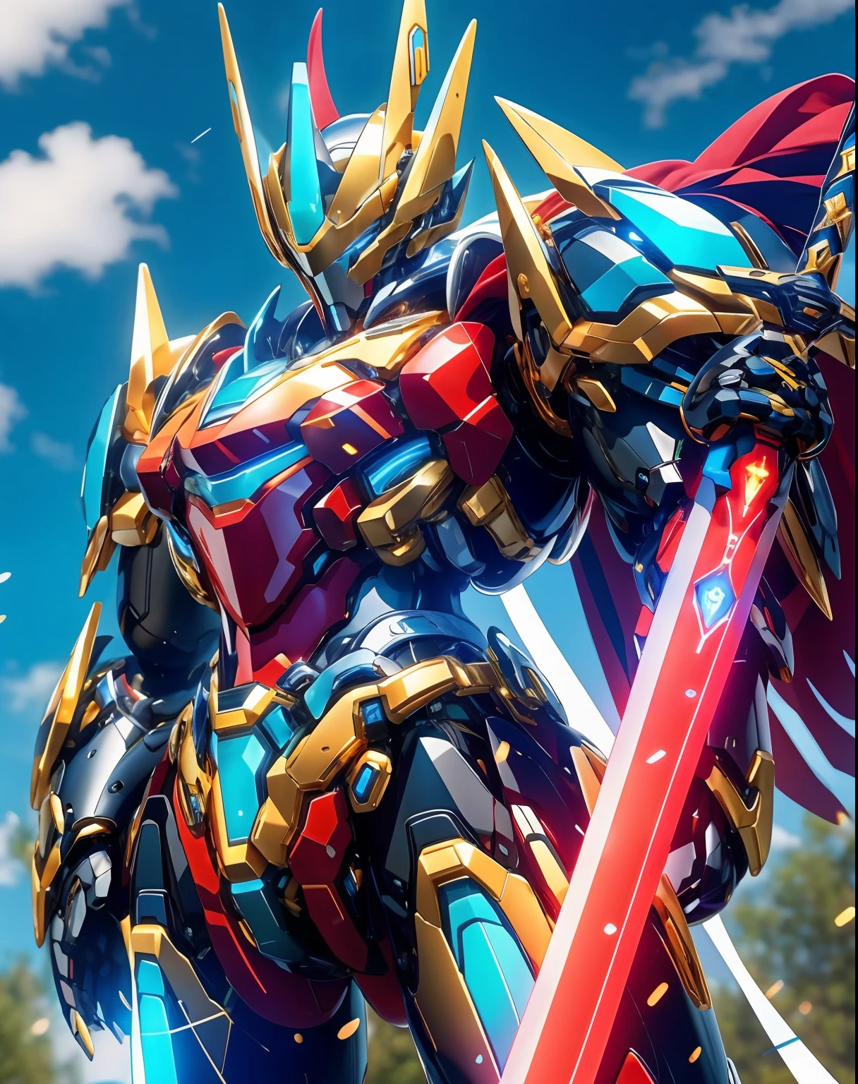 (Realism, photo realism: 1.3), (lens focal length: 35mm), backlight, a knight's mechanical armor, luxurious and exquisite shape, a blue glowing cross carved on the chest of the mecha, the mecha holds a red glowing wide and heavy armor sword, the red scarf sways in the wind, the knight's eyes are red flame light, and the battle posture is drawn