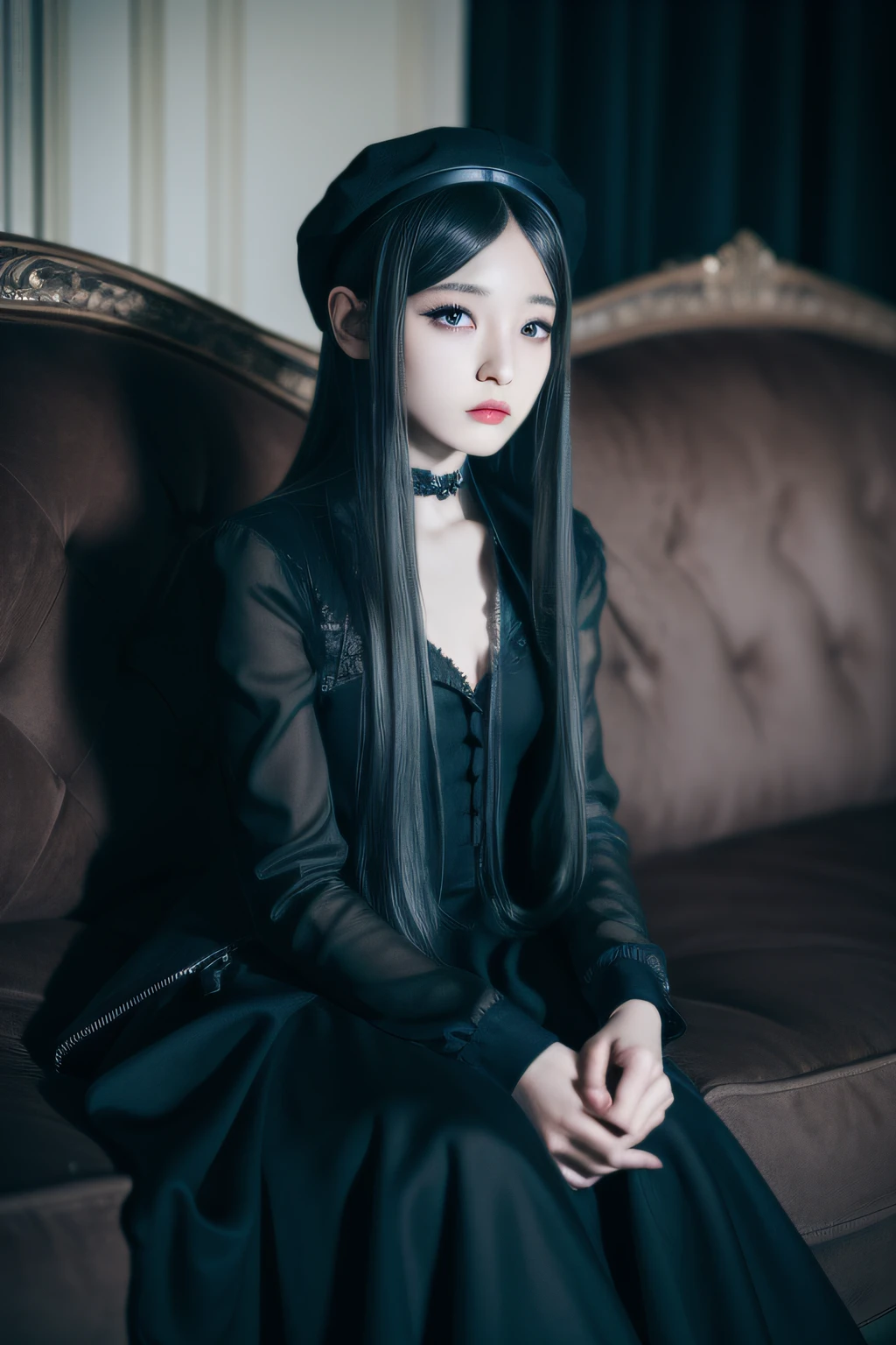 Arabe in black dress and hat sitting on sofa, 1 7 - year - old anime goth girl, cruel korean goth girl, Goth girl aesthetics, 1 7 - year - old goth girl, gothic aesthetic, Goth aesthetics, japanese gothic, black hime-cut hair, black gothic lolita dress, gothgirl, gothic horror vibes, Hair is silver