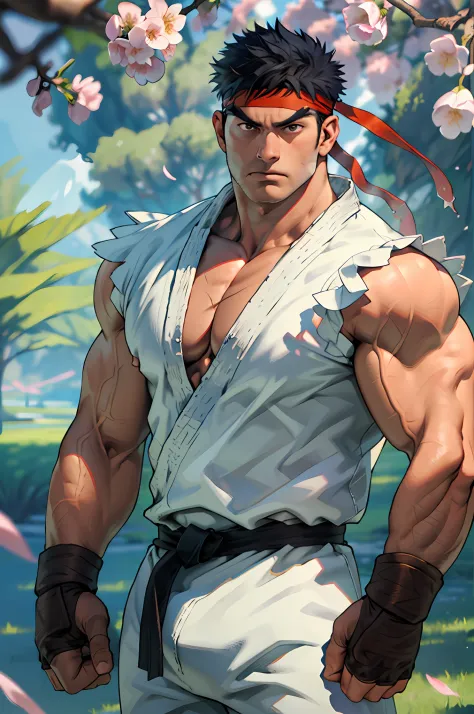 (masterpiece, best quality:1.2), cowboy shot, solo, male focus, 1boy, ryu \(sf\), middle age, serious, determined face, white skin, looking at viewer, black hair, detailed face, tall, hunk, muscular, wide shoulder, big physique, scars, wearing big white Do...