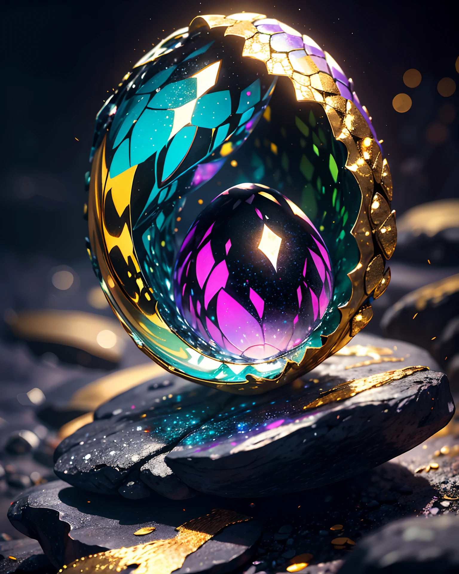 rocha cristalina forma ovo de dragão com meia concha de escama de dragão em metal prateado e dourado, por Mjart, colocado em rocha de lava negra, caverna escura de fundo com luz ambiente roxa,