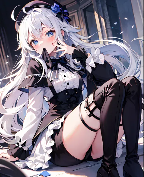 tmasterpiece， Best quality at best， ahoge， Hair over the shoulder， long  white hair，  blush of nose， eBlue eyes，  Gothic_Lolita， beret， hand_To_Mouth，thigh boots，Absolute realm，upper legs，thigh boots，full bodyesbian，Correct legs