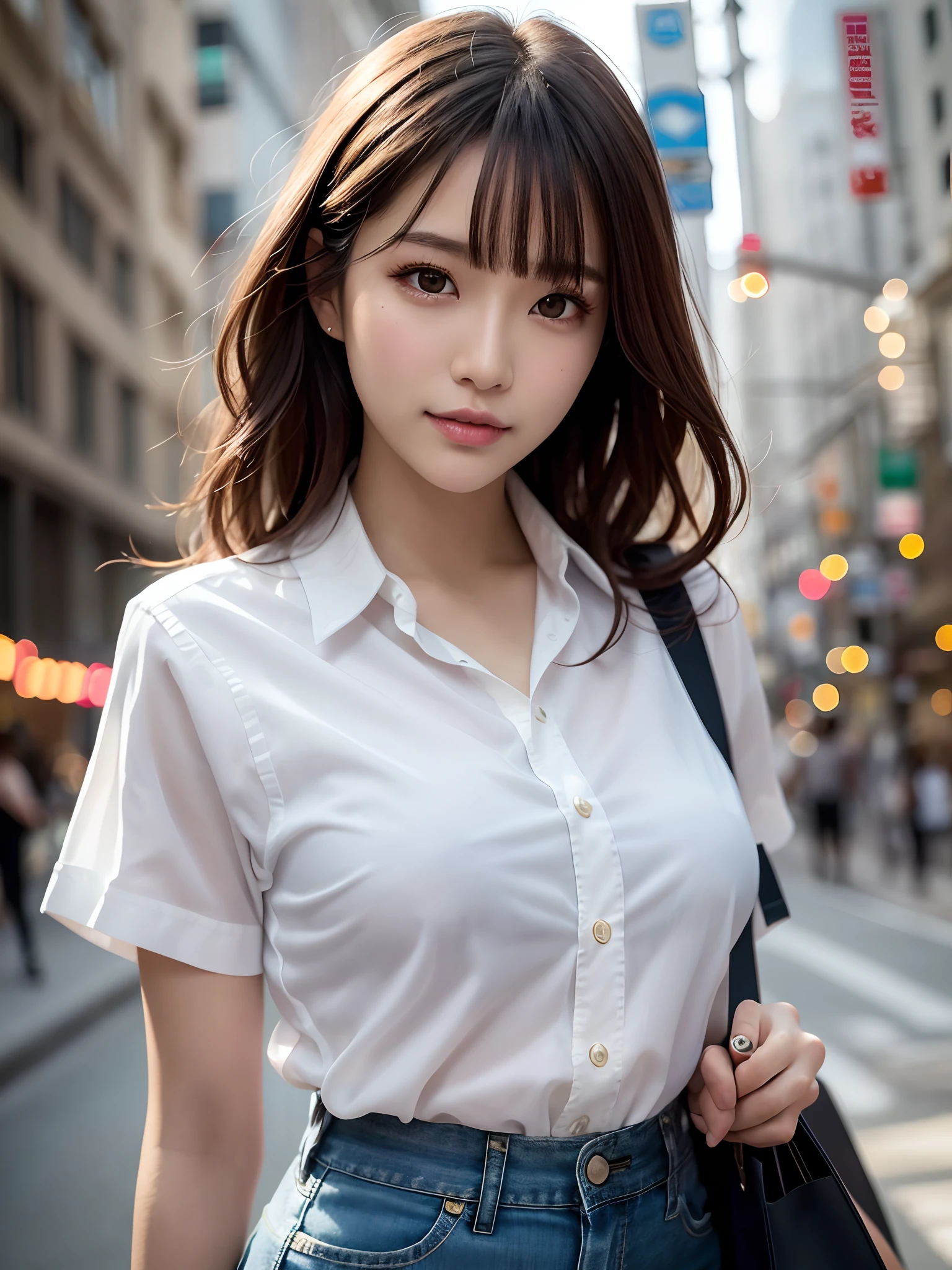 product quality, a cowboy shot, front view, 1girl, a Japanese young pretty woman, wearing a marriage ring, bob hair, hyper pretty face, glamorous, wearing a short sleeves and long length satin silk white shirt with collared, wearing denim pants, carrying a big tote bag over her shoulder, walking with a big smile on a crowded street in a city, glossy lips, double eyelids for both eyes, natural makeup, long eyelashes, shiny smooth light brown hair of bob hair, asymmetrical bangs, tanned skin, central image, high resolution, high detail, detailed hairstyle, detailed face, spectacular movie lighting, octane rendering, hyper realistic, perfect limbs, perfect anatomy