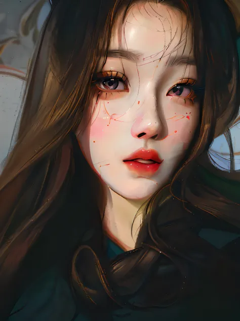 (Long hair, red lips, black top, anime girl，Guvez style artwork，Rossi portrait and kawaii portrait display，A magnificent work of 4K digital art！Guweiz's inspiration，Highly detailed Rossdraws digital paintings are perfectly blended with the best art station...