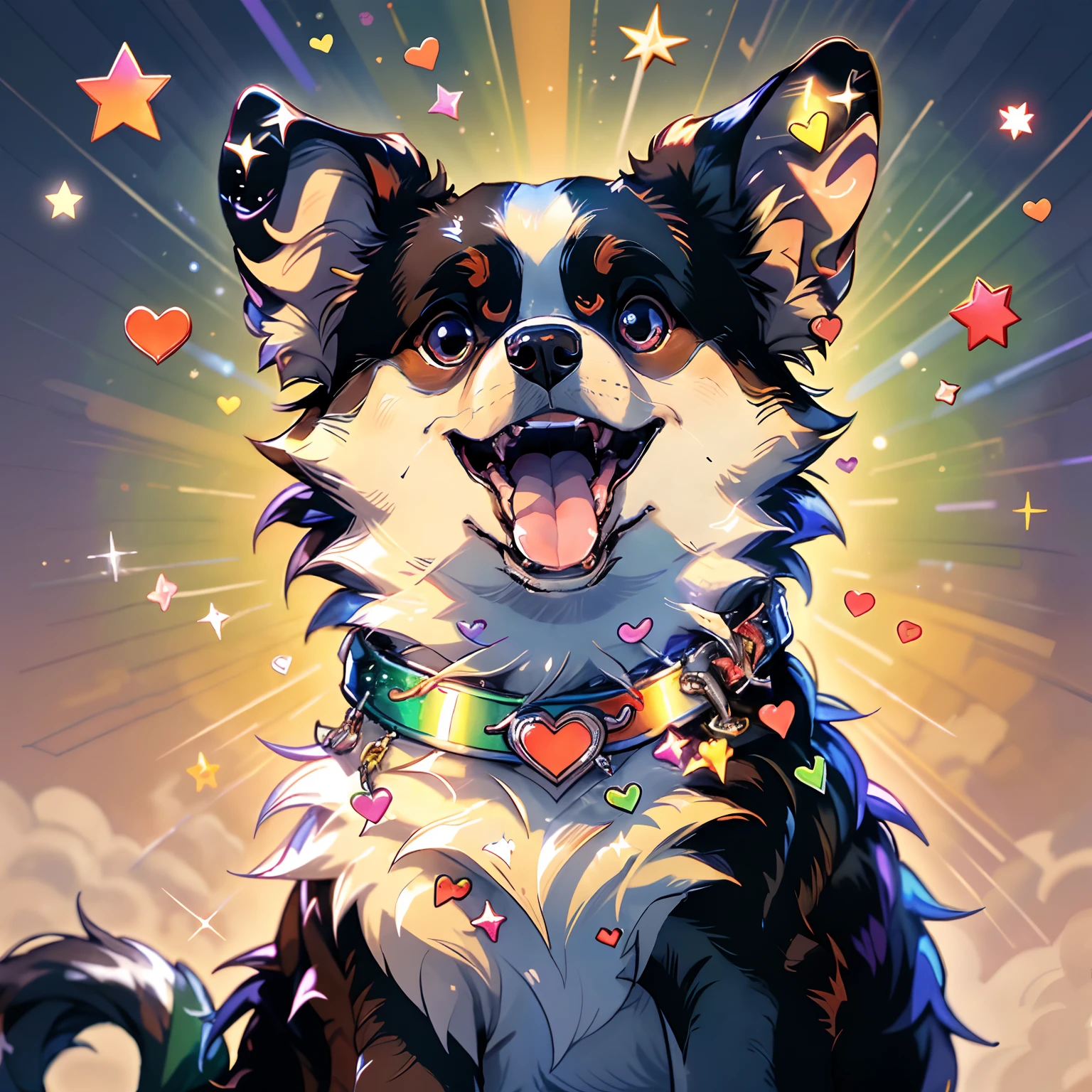 Niji Pride, solo, smile, open mouth, tail, heart, tongue, tongue out, star (symbol), collar, no humans, sparkle, fangs, looking up, dog, animal focus, sparkling eyes, fluffy