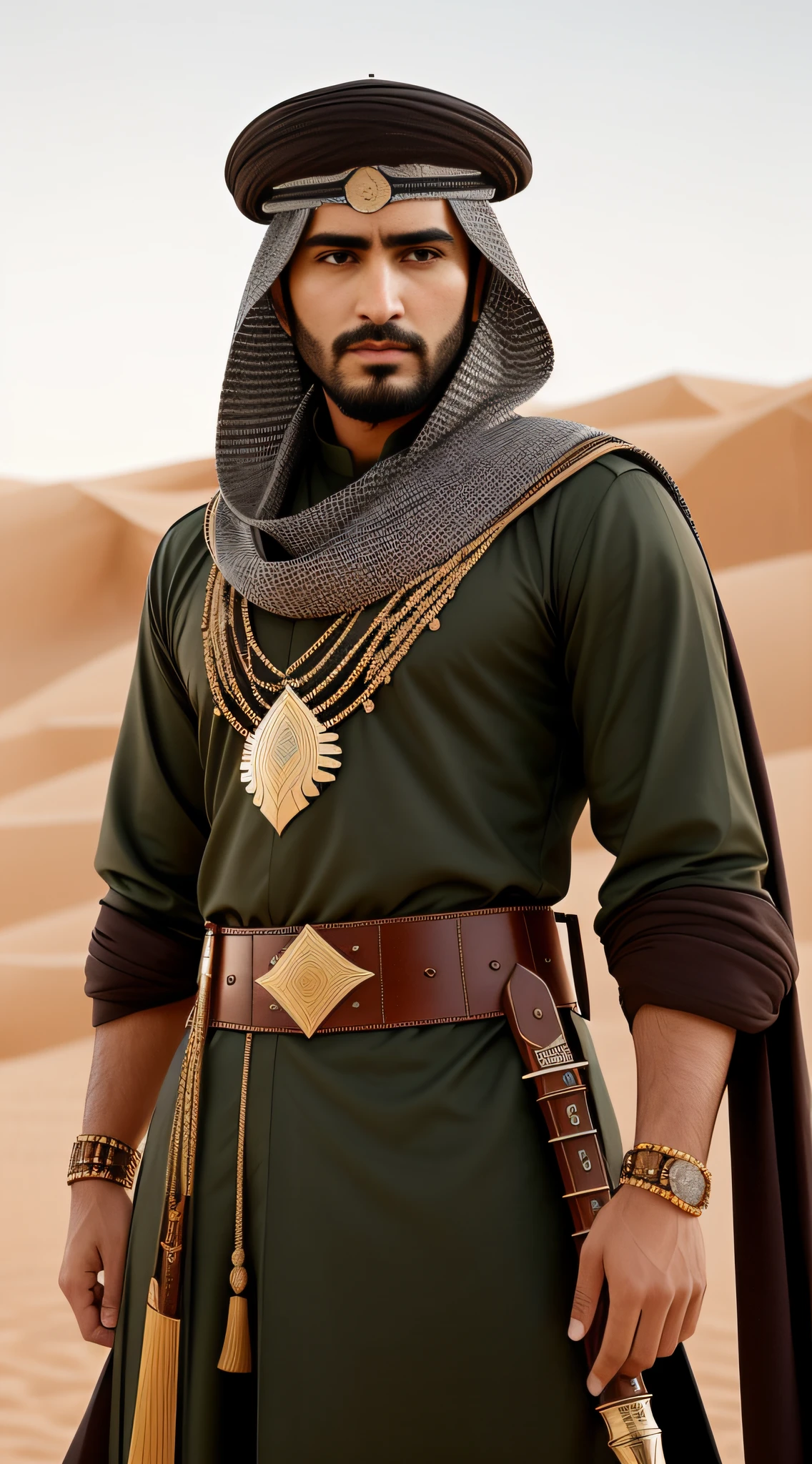 Create a vivid image of Khalid bin Waleed, the esteemed Arabian warrior and military strategist. His appearance is a tapestry of strength, wisdom, and deep-rooted Arab heritage. Facial Features: Portray Khalid's countenance with rugged handsomeness, featuring a prominent jawline, chiseled cheekbones, and eyes of intense brown that reflect both determination and profound insight. Complexion: Render his skin in a warm, sun-kissed olive tone, a testament to his Arabian lineage and life in the desert. Accentuate the lines etched on his face from years of leadership, adding depth to his distinguished visage. Clothing and Attire: Dress Khalid in flowing robes of earth-toned fabrics, adorned with intricate embroidery that narrates tales of battles and triumphs. Capture the regal elegance of his attire, reflective of his identity. Style and Accessories: Include the traditional Arabian accessories that complete Khalid's appearance. A finely woven keffiyeh graces his head, secured with a black agal, and a leather belt holds a scabbard housing his prized sword. Presence and Bearing: Portray Khalid's commanding demeanor, showcasing his natural authority and confidence. His erect posture and deliberate movements underscore his role as a leader. Symbolism and Spirit: Convey the deep significance of Khalid's appearance—his profound connection to Arabian heritage, unwavering commitment to Islam, and status as a revered historical figure. His attire, features, and bearing collectively embody his authenticity, battlefield valor, and strategic wisdom. Immerse the viewer in the essence of Khalid bin Waleed, celebrating his legacy while respecting his historical significance and cultural identity.