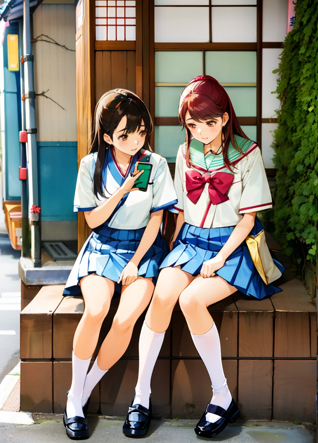 Two women sitting on a shelf looking at their mobile phones, two japanese schoolgirls posing, girls resting, wearing japanese school uniform, Japan , in a tokyo street, checking her cell phone, checking her phone, uhd candid photo of dirty, ayami kojima and lyde caldwell, Two girls, sitting in tokyo, Cute Girls, japanese city street fashion