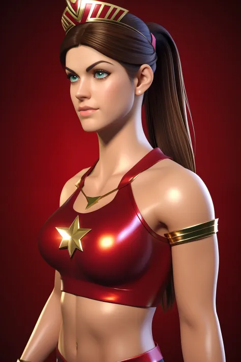 sexy alexandra daddario as a beautiful female superheroine , green eyes brown hair, ponytail, red crop shirt, with a golden star...