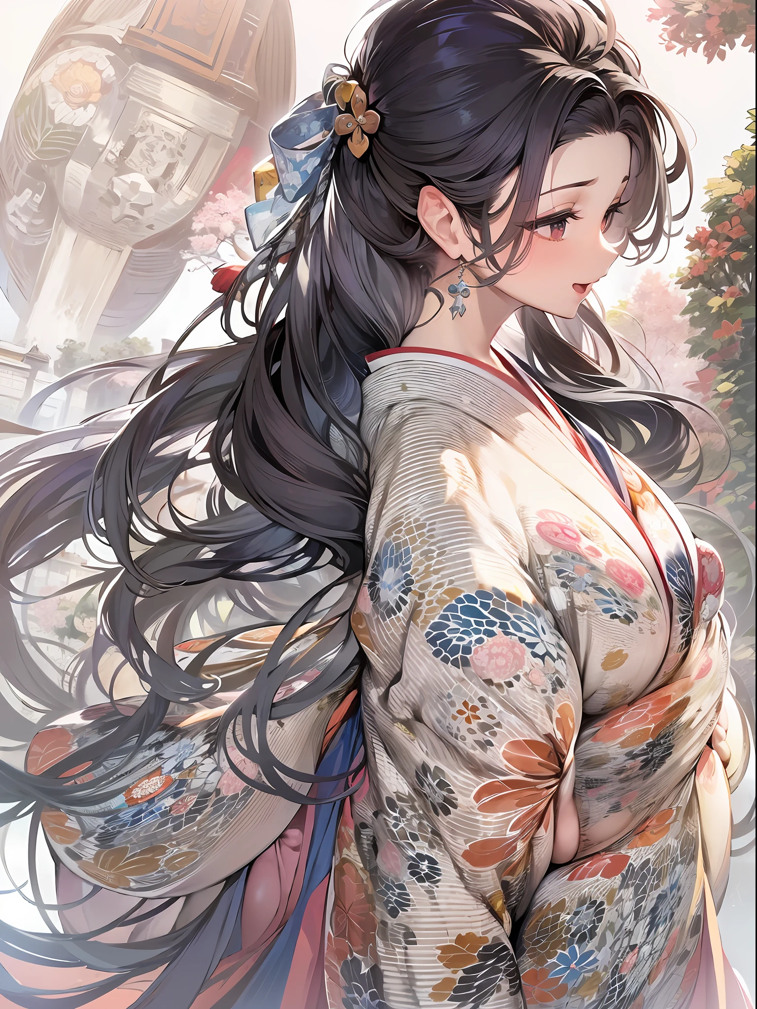 (8K、top-quality、​masterpiece)、Romance of the Taisho era、japanese kimono、Beautiful adult woman、Graceful,((hyper gigantic breasts:1.7)),Pensive、boredom、Sentimental、suffocating、Enlightened smile、illusion、long-haired with black hair、Ahoge、braid ponytail、