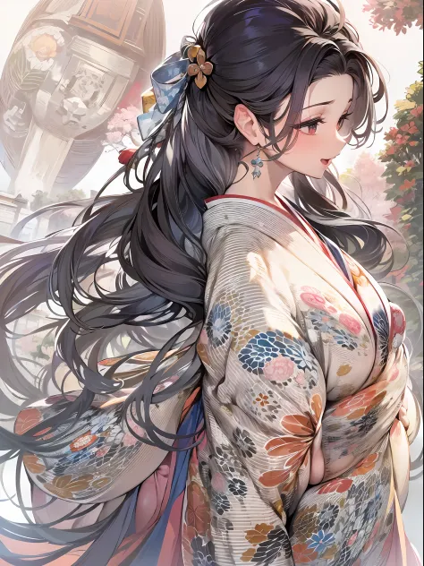 (8k、top-quality、​masterpiece)、romance of the taisho era、japanese kimono、beautiful adult woman、graceful,((hyper gigantic breasts:...