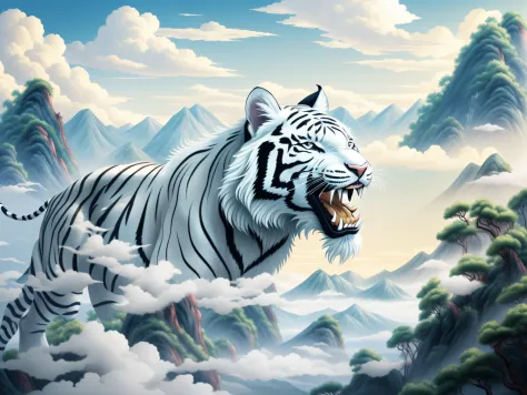 Chinese mythological story background，From the Classic of Mountains and Seas，（A white tiger with wings）Treading on the clouds，Op...