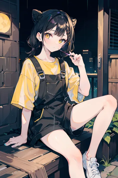 masterpiece, best quality, 1girl, solo, black hair, blunt bangs, (braided buns), ((short twintails)), yellow eyes, black overall...