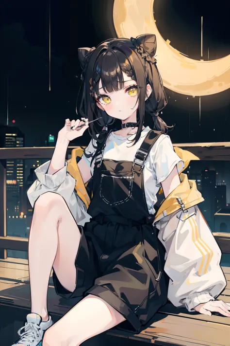 masterpiece, best quality, 1girl, solo, black hair, blunt bangs, (braided buns), ((short twintails)), yellow eyes, black overall...