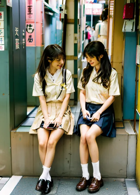 Two women sitting on a shelf looking at their mobile phones, two japanese schoolgirls posing, girls resting, wearing japanese sc...