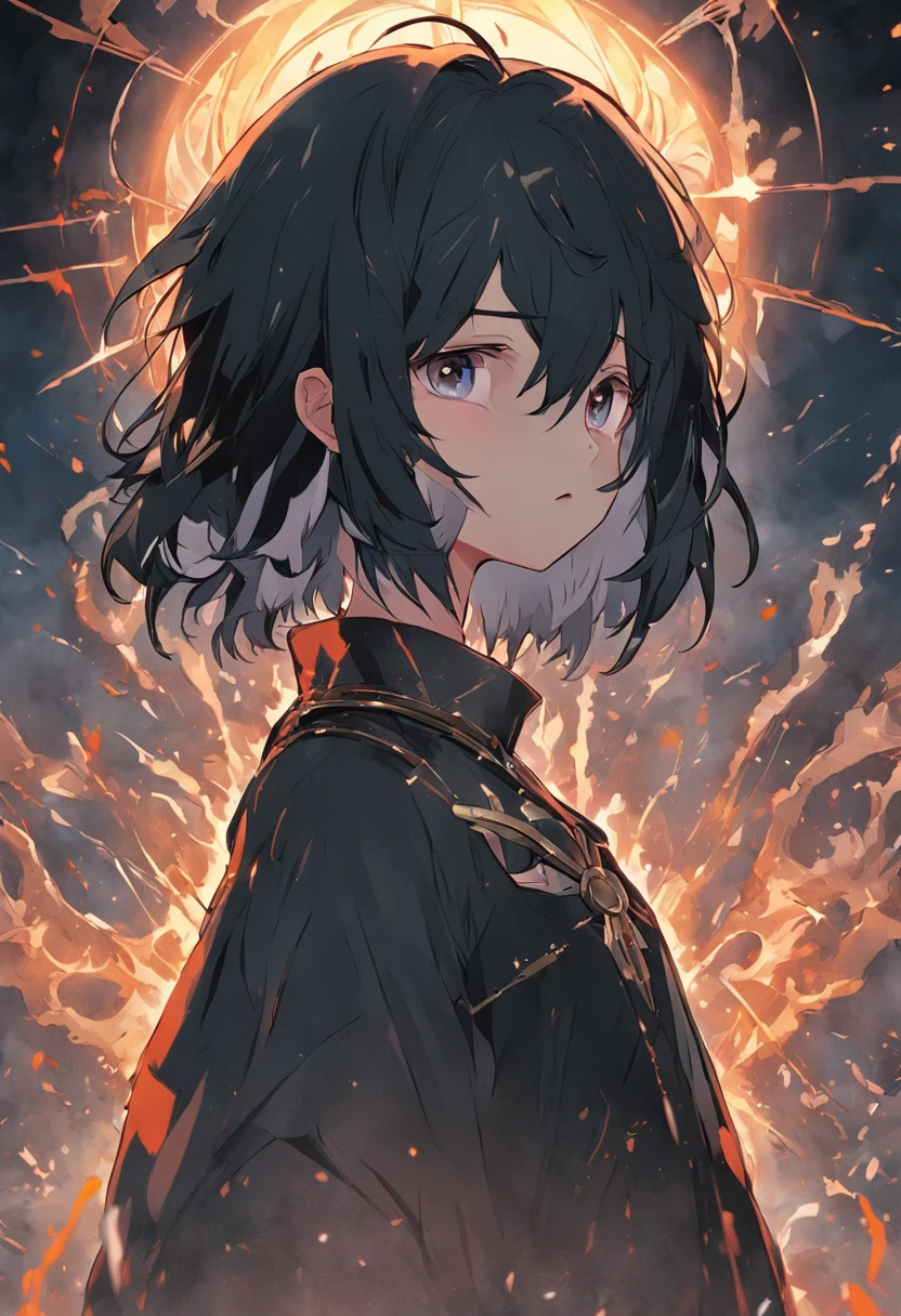 A teenager with black hair and white hair，The hair is almost down to the neck，Wearing a half mask of death，Stand at the junction of light and darkness：HD graphics，holy paladin，Holy Grail War，tarot。