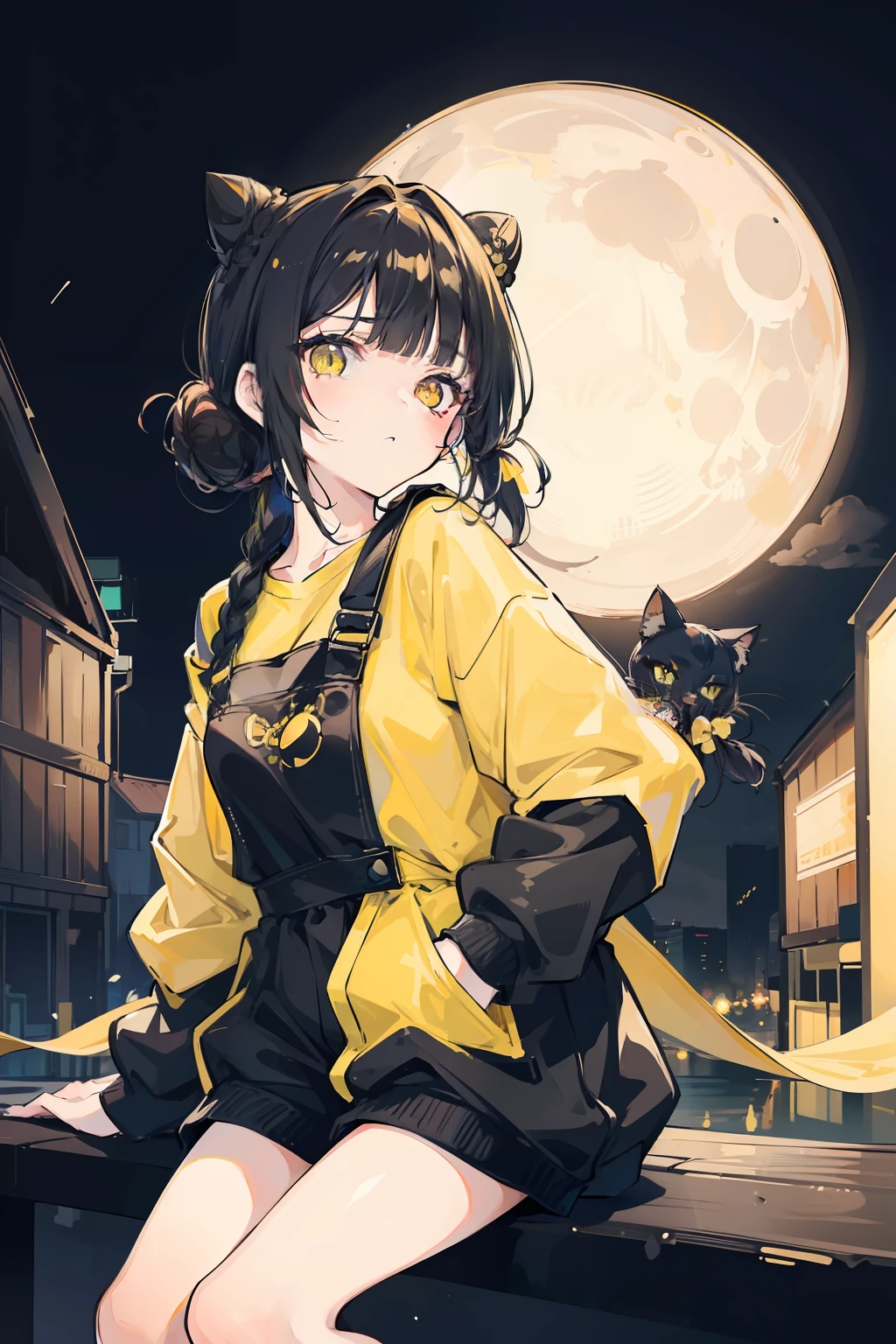 masterpiece, best quality, 1girl, solo, black hair, blunt bangs, (braided buns), ((short twintails)), yellow eyes, black overalls, sneakers, sitting on the wooden box, with one's hand in one's pocket, blowing bubble gum, expressionless, slightly offended, in the alleys, dark, raining, in the night, with the moon, ((with the black cat which has yellow eyes))