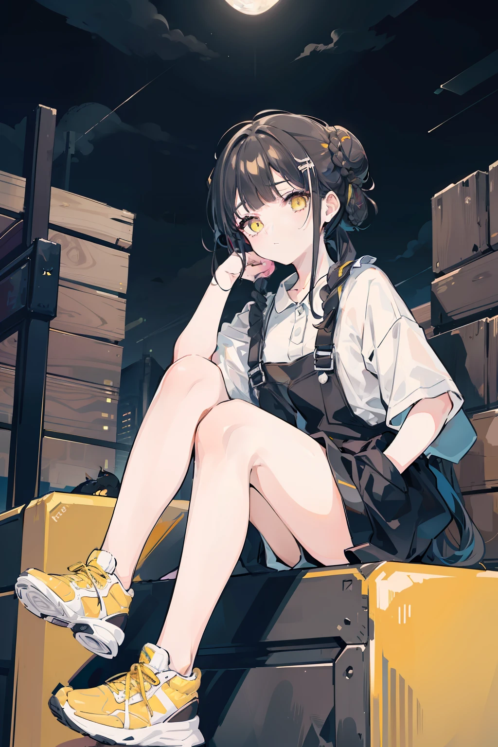 masterpiece, best quality, 1girl, solo, black hair, blunt bangs, (braided buns), ((short twintails)), yellow eyes, black overalls, sneakers, sitting on the wooden box, with one's hand in one's pocket, blowing bubble gum, expressionless, slightly offended, in the alleys, dark, (raining), (cloudy), in the night, with the moon, ((with the black cat which has yellow eyes))