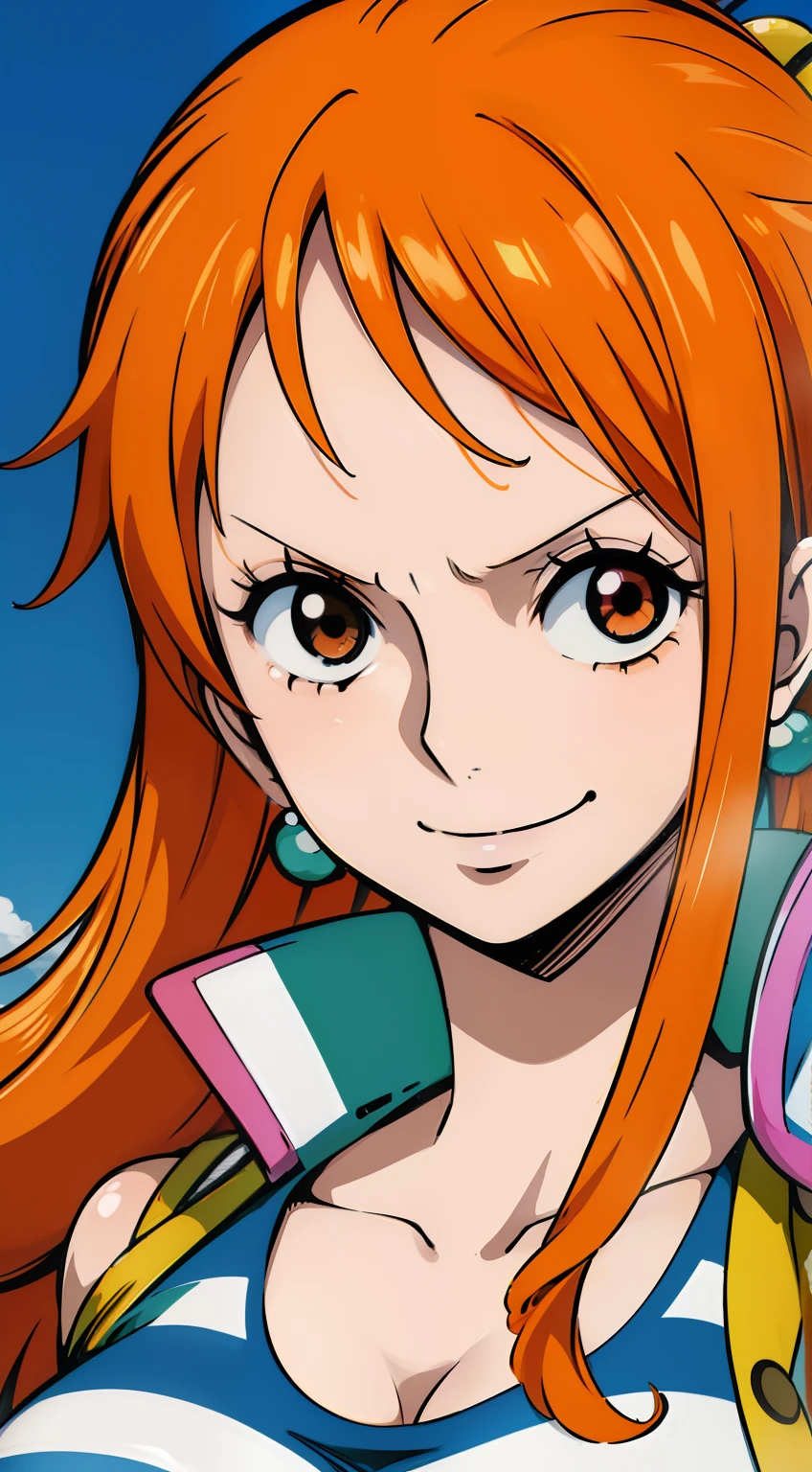 Generate a realistic anime-style image of Nami from One Piece. Capture her distinct appearance with orange hair, a blue and white striped shirt, and a cheerful expression. Ensure that the image reflects her adventurous and confident personality as portrayed in the anime., Wide shot , full body, curvy athletic, large breast, thicc thighs, nsfw