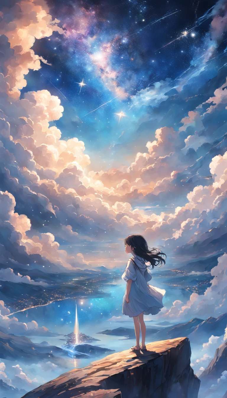 A girl standing on a cliff looking at the sky - SeaArt AI