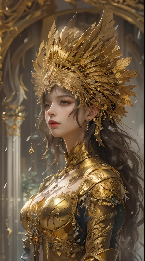 Woman in gold dress, Real Art Station, Heavy rain scene, detailed fantasy art, Stunning character art, Beautiful exquisite chara...