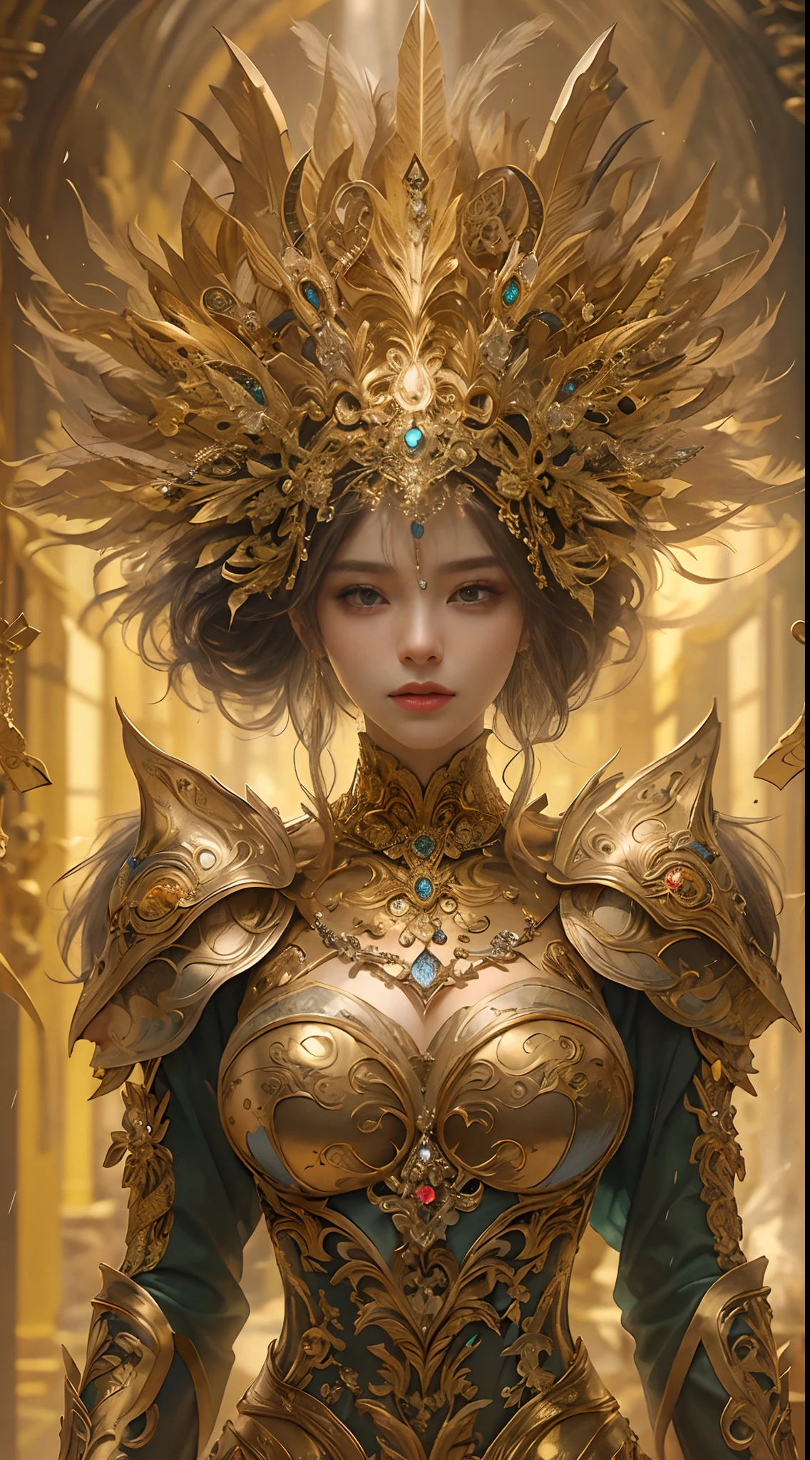 Woman in gold dress, Real Art Station, Heavy rain scene, detailed fantasy art, Stunning character art, Beautiful exquisite character art, Beautiful gold armor, Extremely detailed, Girl in Shining Armor, Exquisite Intricate Headdress and Jewelry, Full body capture,