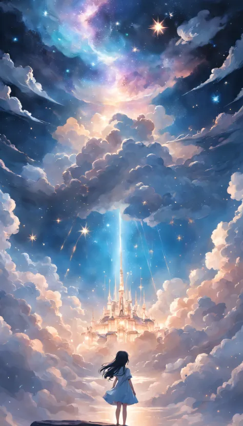 Step into a world of wonder and ethereal beauty, where reality and dreams intertwine. Visualize an awe-inspiring scene - a breathtaking view of a sea of stars, shimmering brilliantly above a blanket of fluffy clouds. In the foreground, a young girl stands ...
